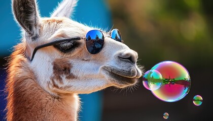 Playful Llama Dons Sunglasses and Blows a Glistening Bubble amidst a Vibrant Background of Desert Hues, Capturing the Whimsical Moment in Striking Detail.