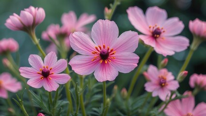 Pink Cosmos Flowers Blooming in Garden Setting Natural Beauty and Delicate Petals Perfect for Floral Themes and Nature Photography