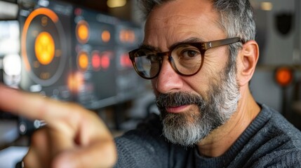 Technology professional engaging with digital interface in modern office. Interactive data visualization displayed on screen, symbolizing innovation, analytics, real-time decision-making.