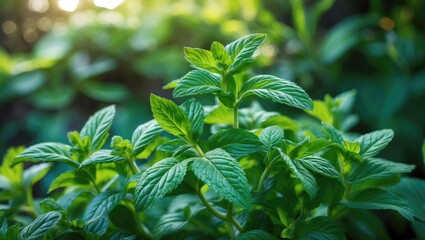 Lush fresh peppermint leaves thriving in a vibrant garden under natural sunlight showcasing the beauty of herbal plants.