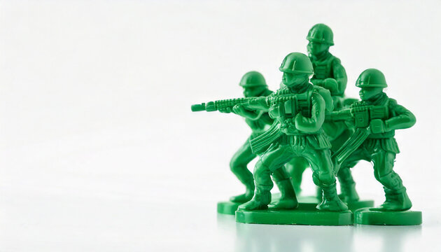 Closeup Plastic War Concept: Green toy soldiers and white copy space