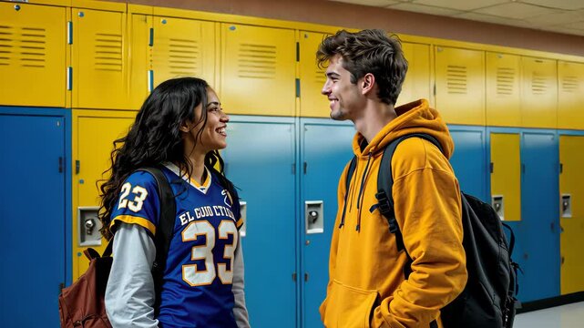 Teenage Connection: A friendly connection of the two young people in the lockers. Capturing a perfect moment, expression of a connection, and a sense of unity.
