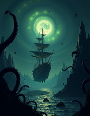  Generated image of majestic ship sailing through a starry, cloudy night sky