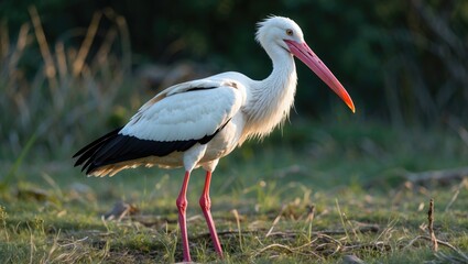 Obraz premium White Stork Ciconia Ciconia Standing In Lush Green Grass With Playful Expression and Empty Space For Textual Content