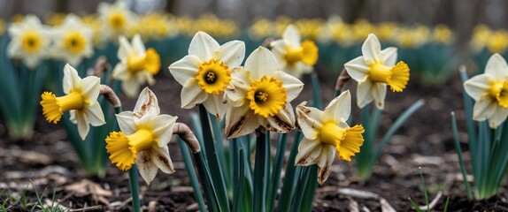 Wilted Yellow Daffodils On Flowerbed Capturing Old Age With Focus On Withering Petals And Empty Space For Textual Elements