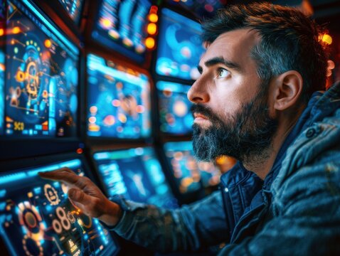 Focused bearded man in dimly lit high-tech control room interacting with futuristic digital interfaces. Multiple glowing blue holographic displaying cyber security data, AI analytics, system.