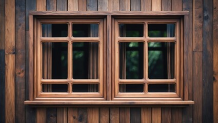Fototapeta premium Elegant Teak Wood Window Frame with Natural Texture and Reflection on a Rustic Wall Background