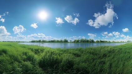 Obraz premium A Stylized Illustration of a Serene River Landscape with Lush Green Hills, a Calm Blue River, and Fluffy White Clouds in a Bright Blue Sky.