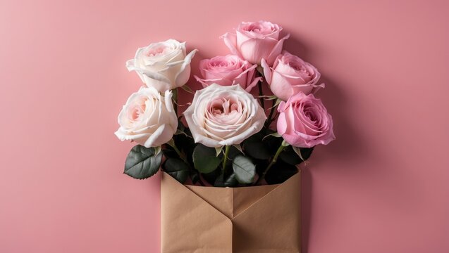 Elegant arrangement of white and pink roses in a brown envelope on soft pink background showcasing beauty and freshness of nature.