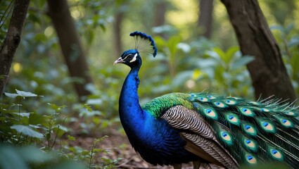 Obraz premium Vibrant Peacock Displaying Its Feathers Amidst a Lush Green Forest Environment
