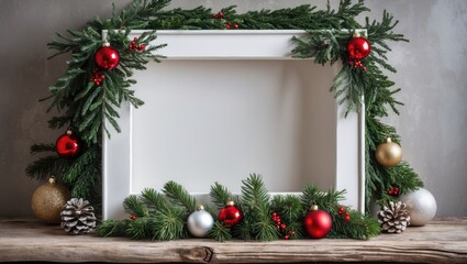 Christmas themed blank canvas frame adorned with festive ornaments and evergreen garland on rustic wooden surface.