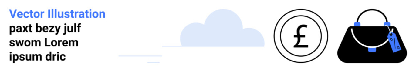 Pound sign in a circle beside a stylish handbag with blue tags, evoking themes of shopping, finance, style, business, savings, retail, and fashion. Ideal for flat landing page banner