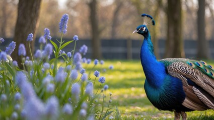 Obraz premium Vibrant peacock standing amidst blooming purple flowers in a serene game park during springtime in Germany