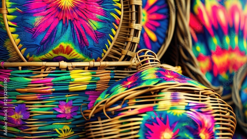 Poster vibrant wicker baskets with colorful patterns showcasing intricate craftsmanship and texture in a de