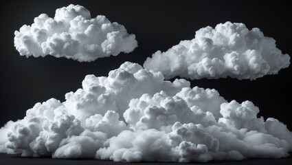 Fluffy white clouds isolated on a black background showcasing various shapes and textures for artistic and design purposes.