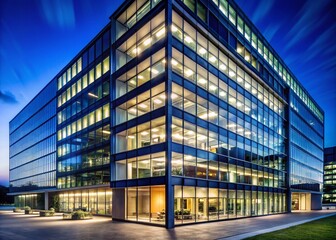 Obraz premium Modern Office Building Evening Lights Facade, Minimalist Architectural Photography
