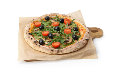 Tasty pizza with cherry tomatoes, black olives, mushrooms and arugula isolated on white