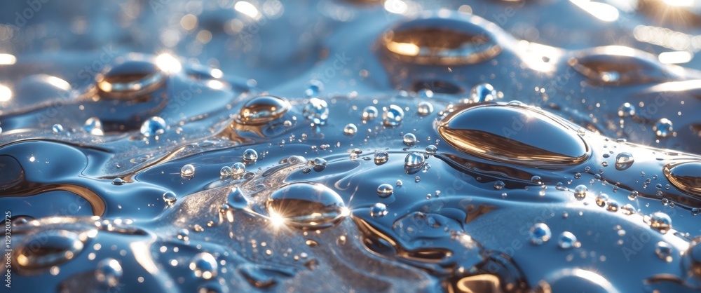 Poster water droplets on a reflective metallic surface creating shimmering patterns and reflections in a cl