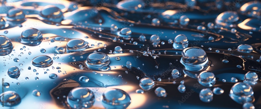 Poster shimmering droplets on a reflective metallic surface creating a mesmerizing abstract pattern with gl