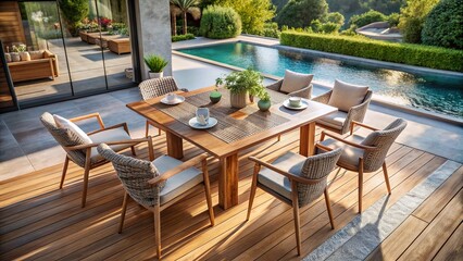 Modern Outdoor Seating: Woven Plastic & Teak Chairs for Elegant Alfresco Dining