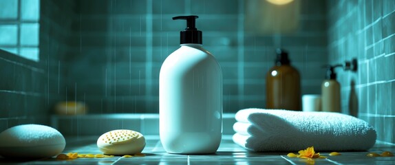 Ceramic body lotion bottle with towels and spa accessories in a serene shower room setting for relaxation and self-care promotion.