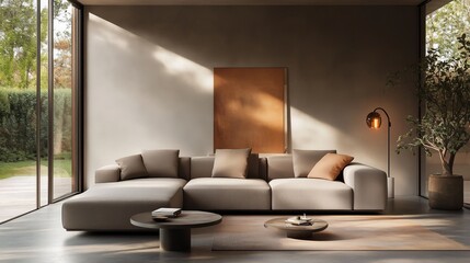 Modern living room with minimalist decor and warm lighting, embodying simplicity and elegance.