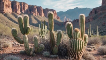Desert Landscape Featuring Wild Cacti With Majestic Mountains Under A Clear Sky Ideal For Text Overlay And Nature Themes