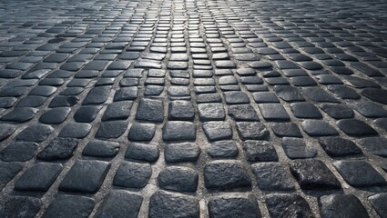 Dark gray cobblestone pavement surface with a perspective view showcasing texture and pattern under soft lighting