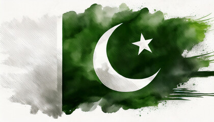 Watercolor painting of Pakistan national flag. Independence day. Hand drawn art.
