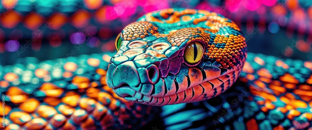 Poster vibrant close-up of a python showcasing intricate skin patterns and striking colors in a mesmerizing
