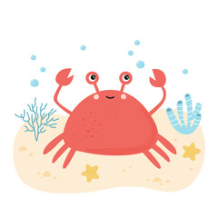 Red smiling crab under the sea vector illustration
