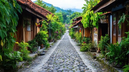 Obraz premium Stone path, lush foliage, quaint wooden houses.