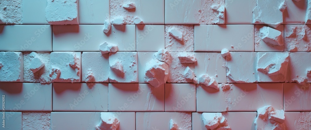 Poster textured white tile wall with irregular surface and scattered debris creating a unique seamless back