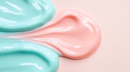 Smooth Waves of Pastel Acrylic Paint in Soft Mint and Pink Shades on a Light Background