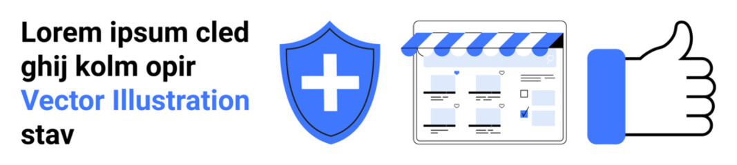 Fototapeta premium Shield with plus sign represents healthcare protection, webpage screenshot symbolizes online presence, and thumbs-up indicates approval. Ideal for healthcare, security, web design, approval systems