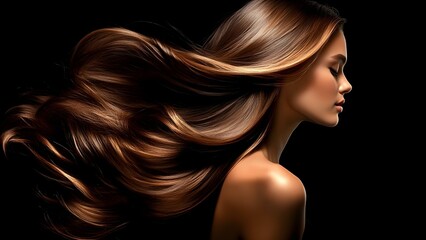A profile of a woman with long, flowing, glossy hair against a dark background, emphasizing her hair's movement and shine. Concept Woman's Portrait, Glossy Hair, Dramatic Background, Hair Movement