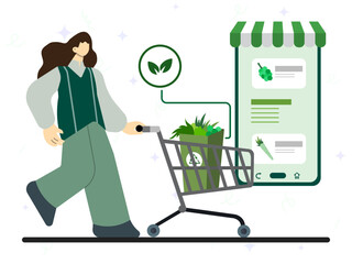 Grocery food online shopping concept. A woman buy fresh organic vegetables with shopping cart on online store. 