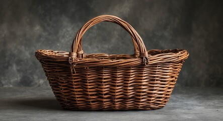 Wicker Brown Basket with Handle Isolated on Dark Background Featuring Copy Space for Text Use in Design or Advertising Purposes