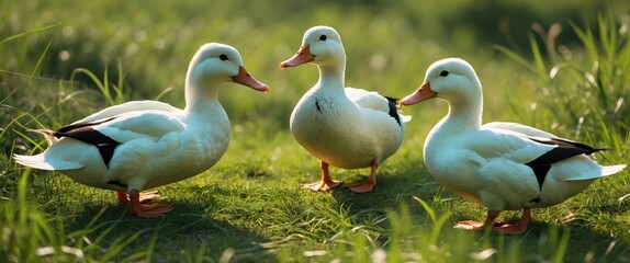 Three White Ducks Interacting on Lush Green Grass in a Serene Natural Environment. Ideal for Nature and Wildlife Themes.