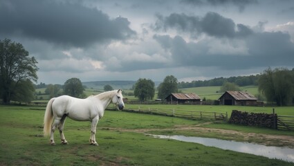 White mare standing gracefully in verdant pasture under cloudy skies with rustic barns in the background and space for text overlay.