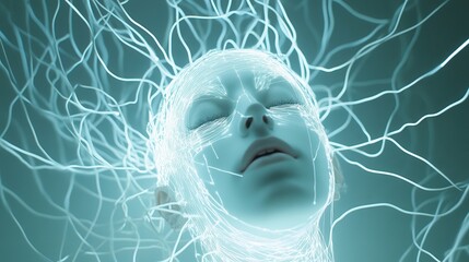 Futuristic Portrait of a Woman with Glowing Neural Connections and Ethereal Light Effects