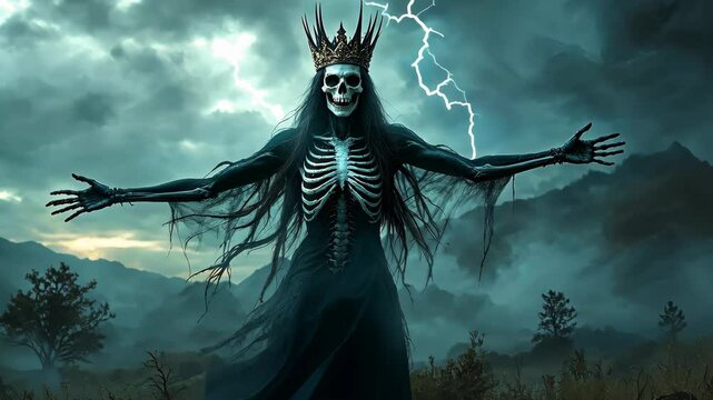 Stormborn Monarch: A skeletal figure, crowned and cloaked, stands triumphant against a stormy backdrop, embodying power, dominion, and the macabre in a visually striking digital artwork.