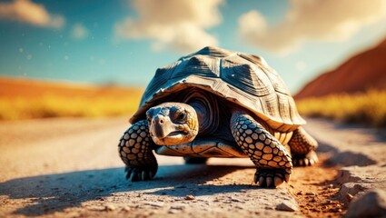 Tortoise traversing a stony path under clear skies showcasing its textured shell and the beauty of nature on a sunny day.