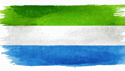 Watercolor painting of Sierra Leone national flag. Independence day. Hand drawn art.