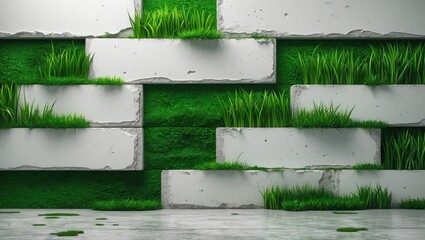 Obraz premium Exterior design featuring white concrete wall with lush green grass elements on textured surface for nature-inspired aesthetics