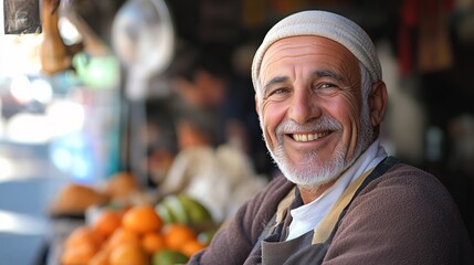 Smiling vendor exudes warmth and friendliness in a cozy kitchen setting.