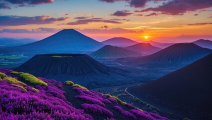 Stunning Sunset Over Volcanic Hills With Lush Flora In Foreground Offering Vibrant Colors And Space For Text Addition