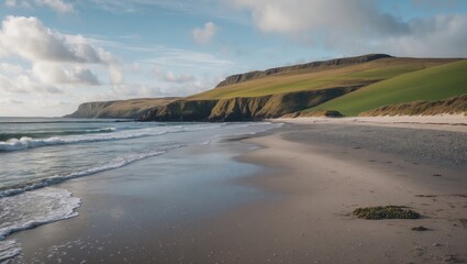 Scenic coastline view of a tranquil beach with gentle waves and lush green hills under a partly cloudy sky.