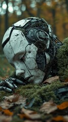 Defunct AI Humanoid Robot with a Hand Emerging from the Ground in the Wilderness