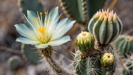 Cactus flower with pale blue petals and yellow anthers blooming beside unopened buds in a natural desert setting.
